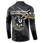 Collingwood Football Club Button Sweatshirt Magpies Muscular Mascot Graphic - Abstract Paint Splatter Art