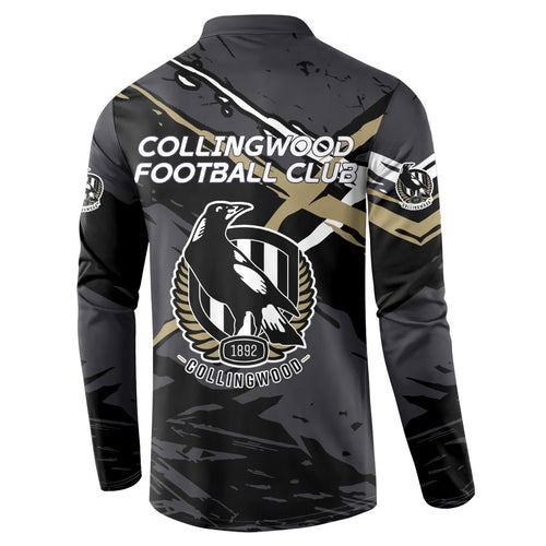 Collingwood Football Club Button Sweatshirt Magpies Muscular Mascot Graphic - Abstract Paint Splatter Art