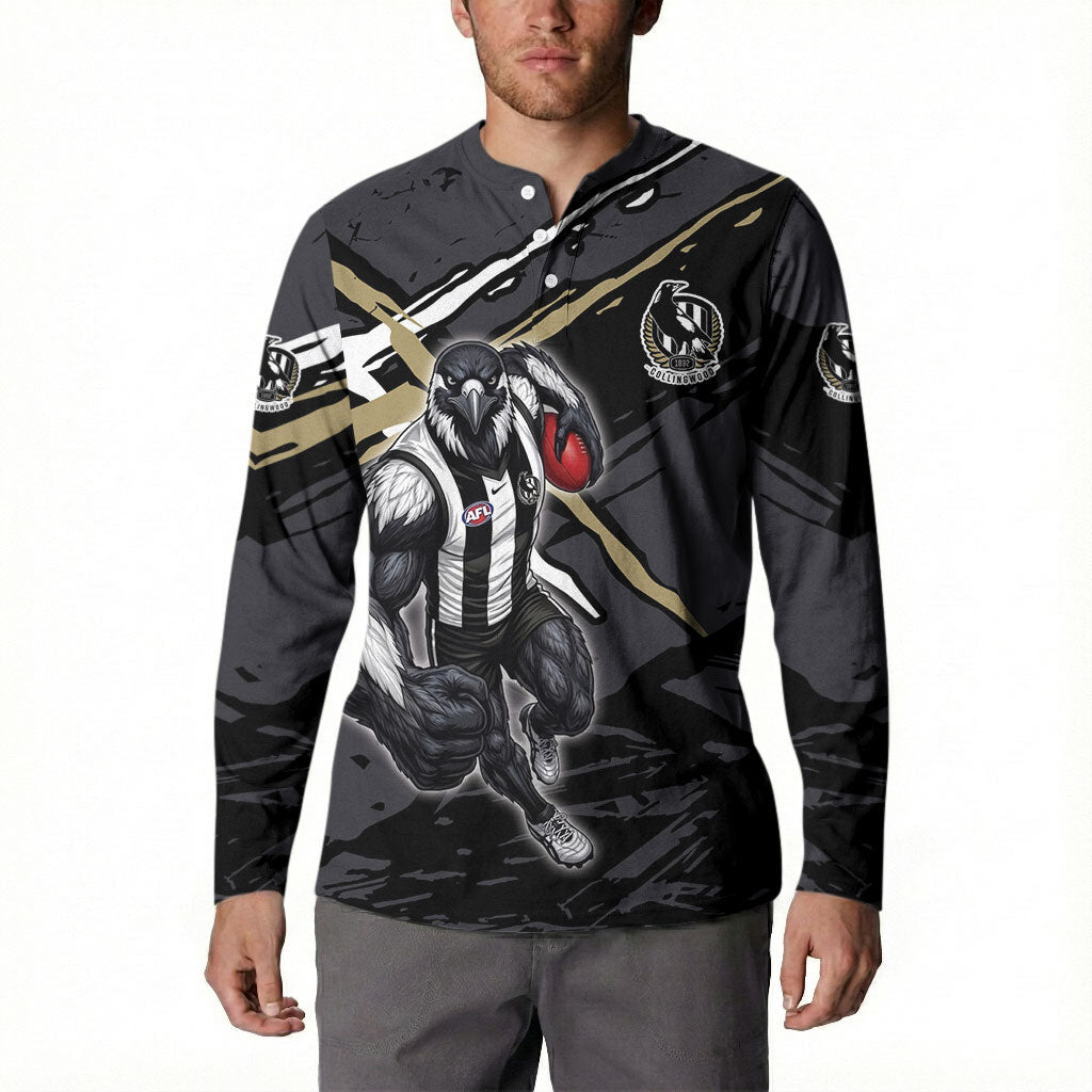 Collingwood Football Club Button Sweatshirt Magpies Muscular Mascot Graphic - Abstract Paint Splatter Art
