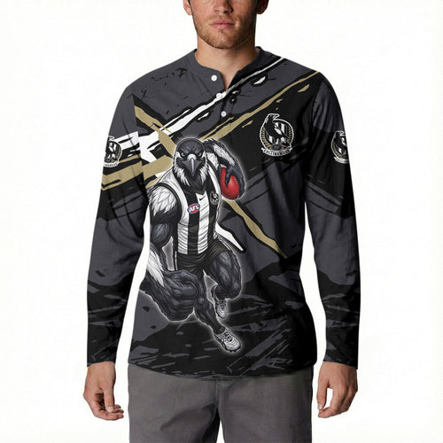 Collingwood Football Club Button Sweatshirt Magpies Muscular Mascot Graphic - Abstract Paint Splatter Art
