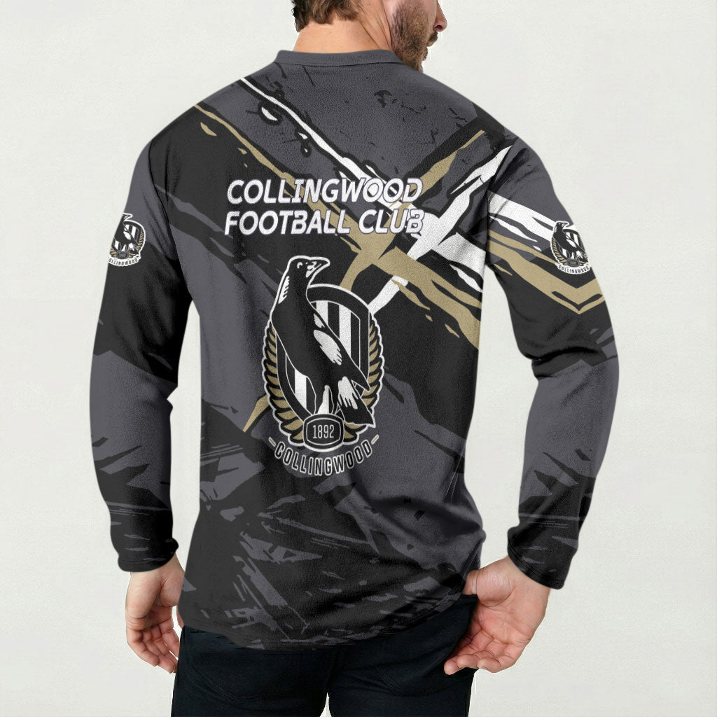 Collingwood Football Club Button Sweatshirt Magpies Muscular Mascot Graphic - Abstract Paint Splatter Art