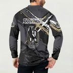 Collingwood Football Club Button Sweatshirt Magpies Muscular Mascot Graphic - Abstract Paint Splatter Art