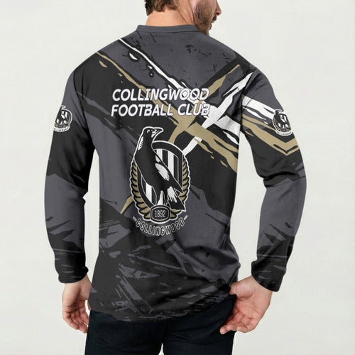 Collingwood Football Club Button Sweatshirt Magpies Muscular Mascot Graphic - Abstract Paint Splatter Art