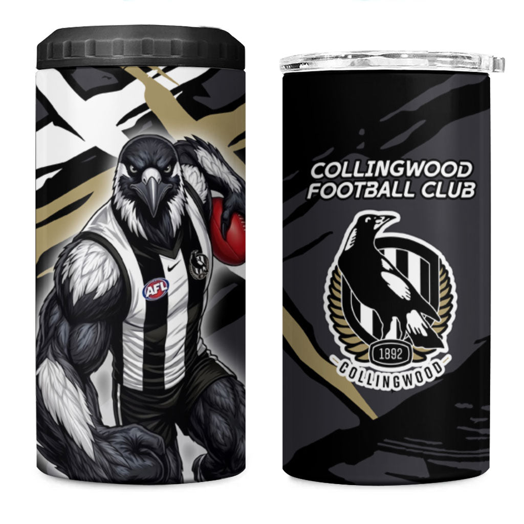 Collingwood Football Club 4 in 1 Can Cooler Tumbler Magpies Muscular Mascot Graphic - Abstract Paint Splatter Art