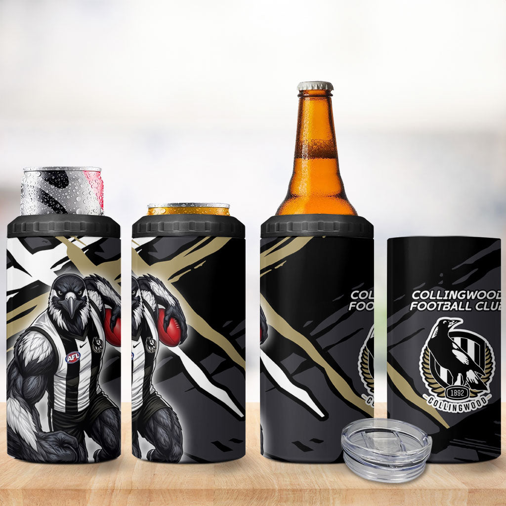 Collingwood Football Club 4 in 1 Can Cooler Tumbler Magpies Muscular Mascot Graphic - Abstract Paint Splatter Art