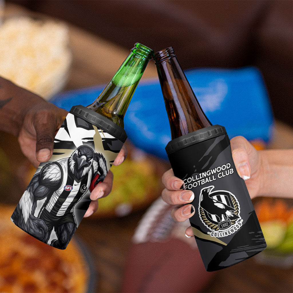 Collingwood Football Club 4 in 1 Can Cooler Tumbler Magpies Muscular Mascot Graphic - Abstract Paint Splatter Art