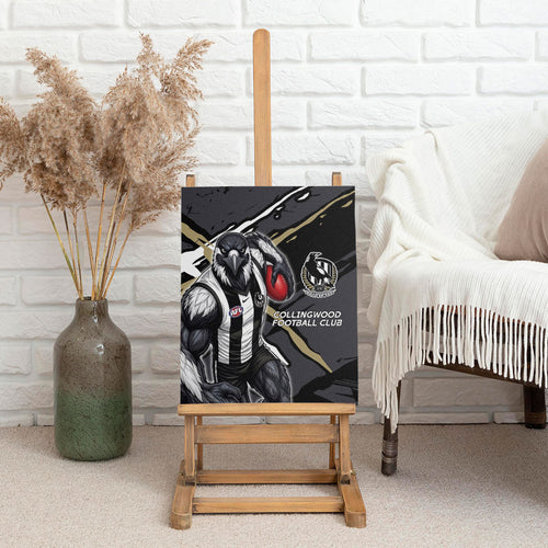Collingwood Football Club Canvas Wall Art Magpies Muscular Mascot Graphic - Abstract Paint Splatter Art