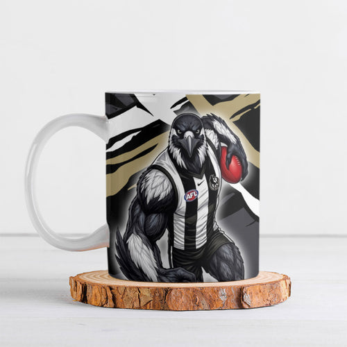 Collingwood Football Club Ceramic Mug Magpies Muscular Mascot Graphic - Abstract Paint Splatter Art