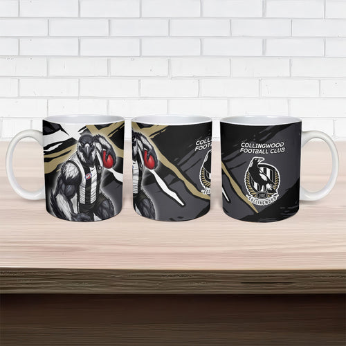 Collingwood Football Club Ceramic Mug Magpies Muscular Mascot Graphic - Abstract Paint Splatter Art