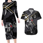 Collingwood Football Club Couples Matching Long Sleeve Bodycon Dress and Hawaiian Shirt Magpies Muscular Mascot Graphic - Abstract Paint Splatter Art