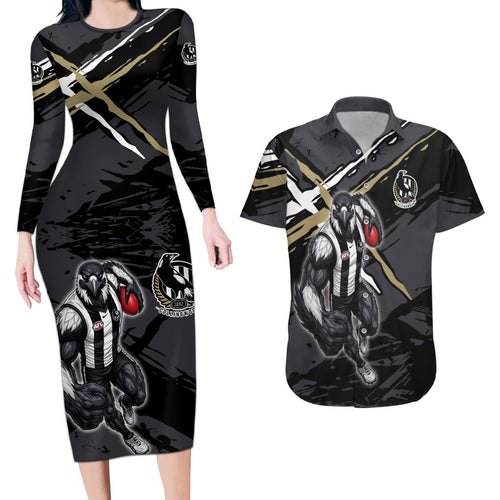 Collingwood Football Club Couples Matching Long Sleeve Bodycon Dress and Hawaiian Shirt Magpies Muscular Mascot Graphic - Abstract Paint Splatter Art