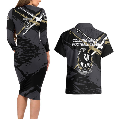 Collingwood Football Club Couples Matching Long Sleeve Bodycon Dress and Hawaiian Shirt Magpies Muscular Mascot Graphic - Abstract Paint Splatter Art