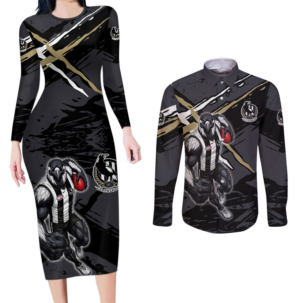 Collingwood Football Club Couples Matching Long Sleeve Bodycon Dress and Long Sleeve Button Shirt Magpies Muscular Mascot Graphic - Abstract Paint Splatter Art