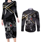 Collingwood Football Club Couples Matching Long Sleeve Bodycon Dress and Long Sleeve Button Shirt Magpies Muscular Mascot Graphic - Abstract Paint Splatter Art