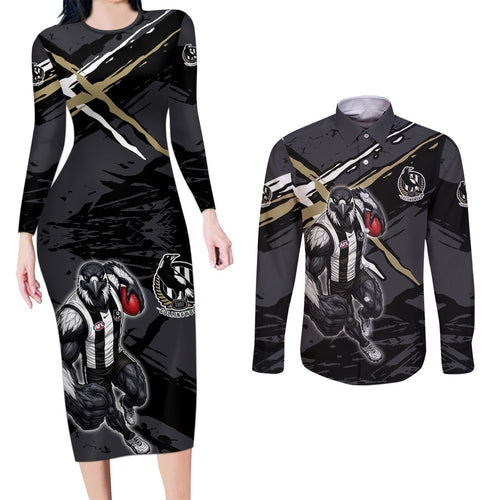 Collingwood Football Club Couples Matching Long Sleeve Bodycon Dress and Long Sleeve Button Shirt Magpies Muscular Mascot Graphic - Abstract Paint Splatter Art