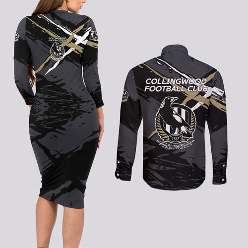 Collingwood Football Club Couples Matching Long Sleeve Bodycon Dress and Long Sleeve Button Shirt Magpies Muscular Mascot Graphic - Abstract Paint Splatter Art