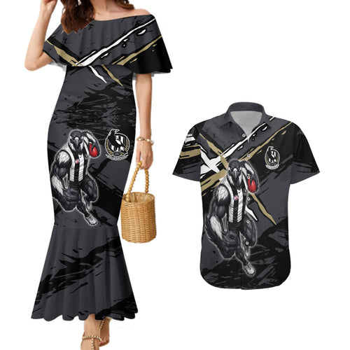 Collingwood Football Club Couples Matching Mermaid Dress and Hawaiian Shirt Magpies Muscular Mascot Graphic - Abstract Paint Splatter Art