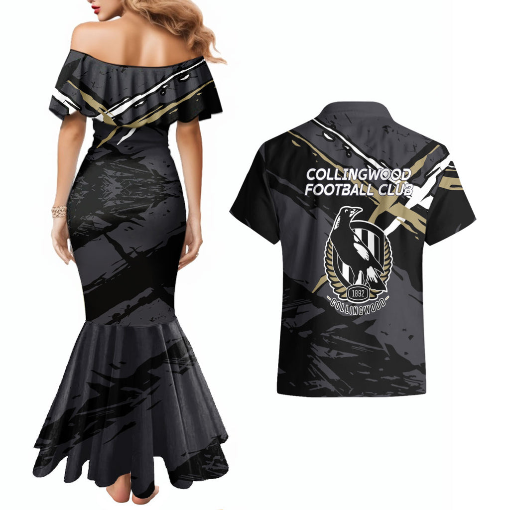 Collingwood Football Club Couples Matching Mermaid Dress and Hawaiian Shirt Magpies Muscular Mascot Graphic - Abstract Paint Splatter Art