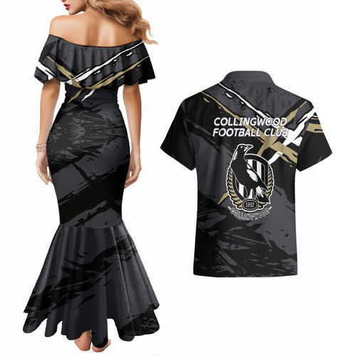 Collingwood Football Club Couples Matching Mermaid Dress and Hawaiian Shirt Magpies Muscular Mascot Graphic - Abstract Paint Splatter Art