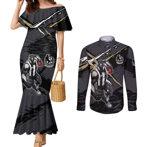 Collingwood Football Club Couples Matching Mermaid Dress and Long Sleeve Button Shirt Magpies Muscular Mascot Graphic - Abstract Paint Splatter Art