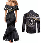 Collingwood Football Club Couples Matching Mermaid Dress and Long Sleeve Button Shirt Magpies Muscular Mascot Graphic - Abstract Paint Splatter Art