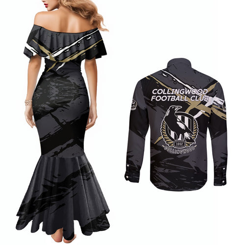 Collingwood Football Club Couples Matching Mermaid Dress and Long Sleeve Button Shirt Magpies Muscular Mascot Graphic - Abstract Paint Splatter Art
