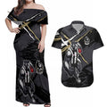 Collingwood Football Club Couples Matching Off Shoulder Maxi Dress and Hawaiian Shirt Magpies Muscular Mascot Graphic - Abstract Paint Splatter Art
