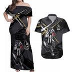 Collingwood Football Club Couples Matching Off Shoulder Maxi Dress and Hawaiian Shirt Magpies Muscular Mascot Graphic - Abstract Paint Splatter Art