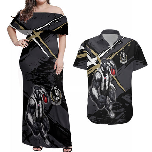 Collingwood Football Club Couples Matching Off Shoulder Maxi Dress and Hawaiian Shirt Magpies Muscular Mascot Graphic - Abstract Paint Splatter Art