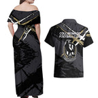 Collingwood Football Club Couples Matching Off Shoulder Maxi Dress and Hawaiian Shirt Magpies Muscular Mascot Graphic - Abstract Paint Splatter Art