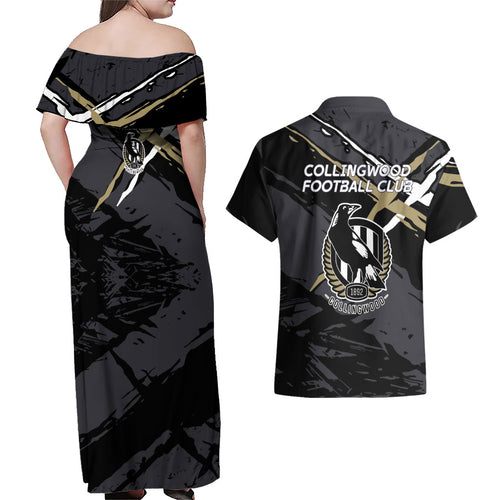 Collingwood Football Club Couples Matching Off Shoulder Maxi Dress and Hawaiian Shirt Magpies Muscular Mascot Graphic - Abstract Paint Splatter Art