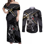 Collingwood Football Club Couples Matching Off Shoulder Maxi Dress and Long Sleeve Button Shirt Magpies Muscular Mascot Graphic - Abstract Paint Splatter Art