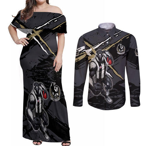 Collingwood Football Club Couples Matching Off Shoulder Maxi Dress and Long Sleeve Button Shirt Magpies Muscular Mascot Graphic - Abstract Paint Splatter Art