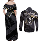 Collingwood Football Club Couples Matching Off Shoulder Maxi Dress and Long Sleeve Button Shirt Magpies Muscular Mascot Graphic - Abstract Paint Splatter Art