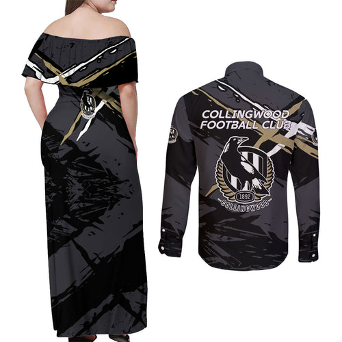Collingwood Football Club Couples Matching Off Shoulder Maxi Dress and Long Sleeve Button Shirt Magpies Muscular Mascot Graphic - Abstract Paint Splatter Art