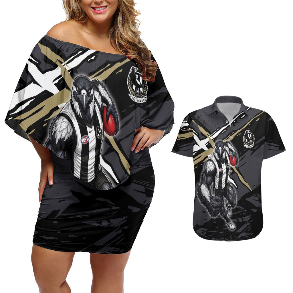 Collingwood Football Club Couples Matching Off Shoulder Short Dress and Hawaiian Shirt Magpies Muscular Mascot Graphic - Abstract Paint Splatter Art