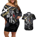 Collingwood Football Club Couples Matching Off Shoulder Short Dress and Hawaiian Shirt Magpies Muscular Mascot Graphic - Abstract Paint Splatter Art