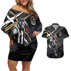 Collingwood Football Club Couples Matching Off Shoulder Short Dress and Hawaiian Shirt Magpies Muscular Mascot Graphic - Abstract Paint Splatter Art