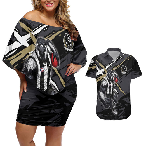 Collingwood Football Club Couples Matching Off Shoulder Short Dress and Hawaiian Shirt Magpies Muscular Mascot Graphic - Abstract Paint Splatter Art