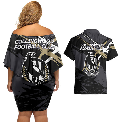 Collingwood Football Club Couples Matching Off Shoulder Short Dress and Hawaiian Shirt Magpies Muscular Mascot Graphic - Abstract Paint Splatter Art