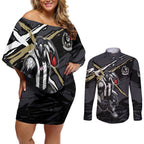 Collingwood Football Club Couples Matching Off Shoulder Short Dress and Long Sleeve Button Shirt Magpies Muscular Mascot Graphic - Abstract Paint Splatter Art