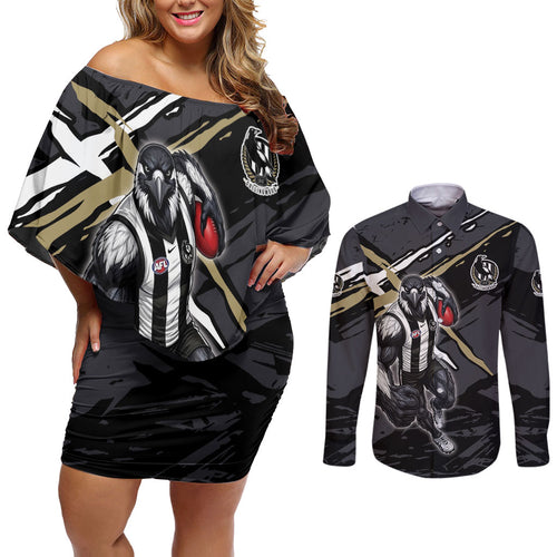 Collingwood Football Club Couples Matching Off Shoulder Short Dress and Long Sleeve Button Shirt Magpies Muscular Mascot Graphic - Abstract Paint Splatter Art