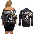 Collingwood Football Club Couples Matching Off Shoulder Short Dress and Long Sleeve Button Shirt Magpies Muscular Mascot Graphic - Abstract Paint Splatter Art