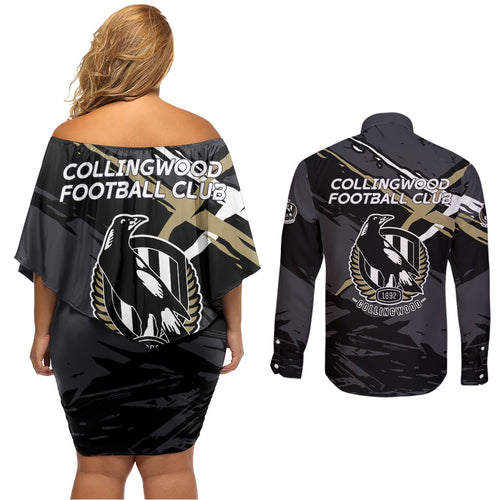 Collingwood Football Club Couples Matching Off Shoulder Short Dress and Long Sleeve Button Shirt Magpies Muscular Mascot Graphic - Abstract Paint Splatter Art