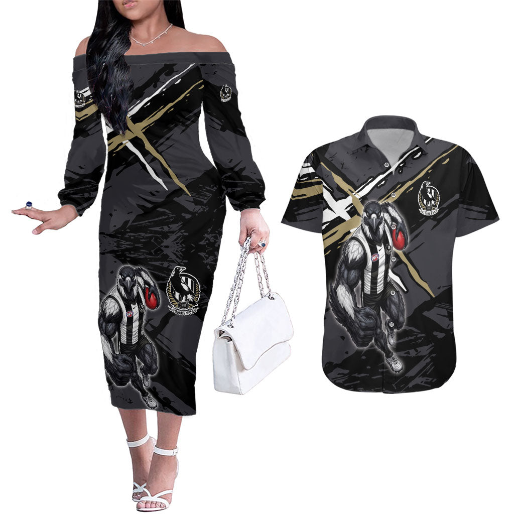 Collingwood Football Club Couples Matching Off The Shoulder Long Sleeve Dress and Hawaiian Shirt Magpies Muscular Mascot Graphic - Abstract Paint Splatter Art