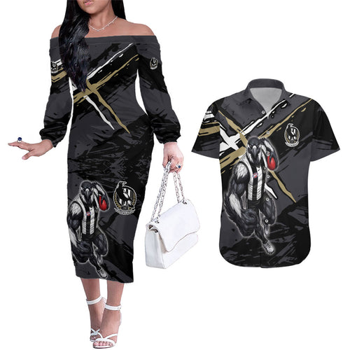 Collingwood Football Club Couples Matching Off The Shoulder Long Sleeve Dress and Hawaiian Shirt Magpies Muscular Mascot Graphic - Abstract Paint Splatter Art