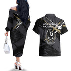 Collingwood Football Club Couples Matching Off The Shoulder Long Sleeve Dress and Hawaiian Shirt Magpies Muscular Mascot Graphic - Abstract Paint Splatter Art