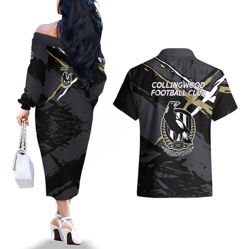 Collingwood Football Club Couples Matching Off The Shoulder Long Sleeve Dress and Hawaiian Shirt Magpies Muscular Mascot Graphic - Abstract Paint Splatter Art