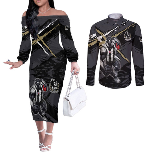 Collingwood Football Club Couples Matching Off The Shoulder Long Sleeve Dress and Long Sleeve Button Shirt Magpies Muscular Mascot Graphic - Abstract Paint Splatter Art