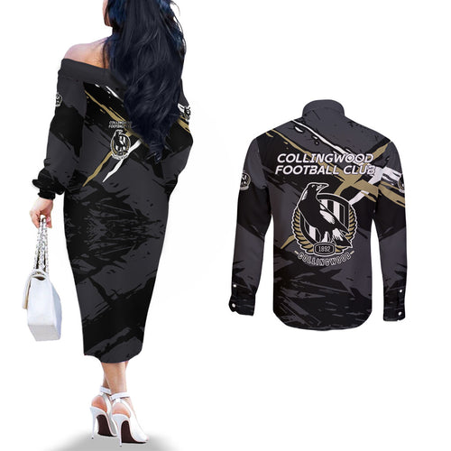Collingwood Football Club Couples Matching Off The Shoulder Long Sleeve Dress and Long Sleeve Button Shirt Magpies Muscular Mascot Graphic - Abstract Paint Splatter Art